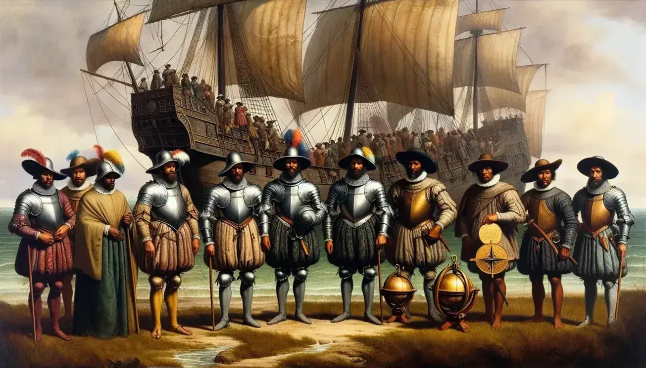 European colonizers in 16th-century attire with navigational tools meet indigenous people by a wooden ship on a grassy shore, against a dense forest backdrop.