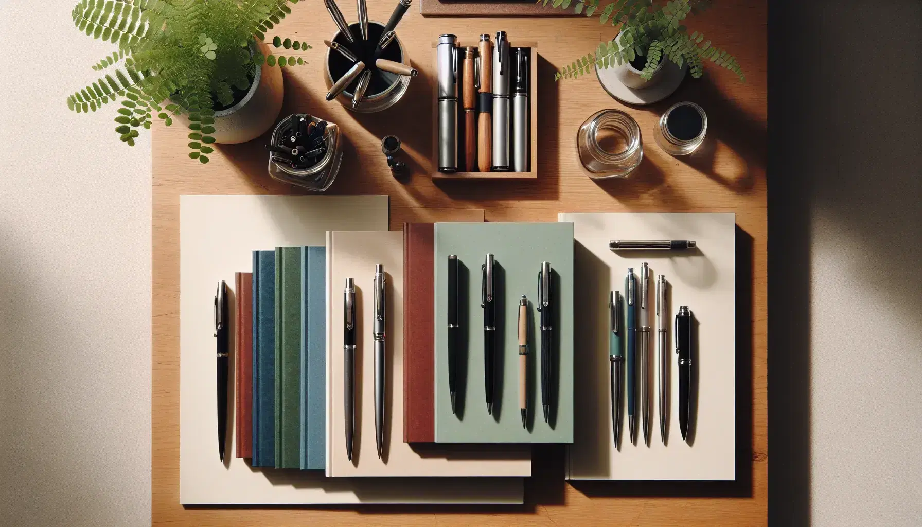 Flat lay of a tidy workspace with a stack of blank-cover books, a jar of metallic pens, a potted plant, and round eyeglasses on a wooden desk.