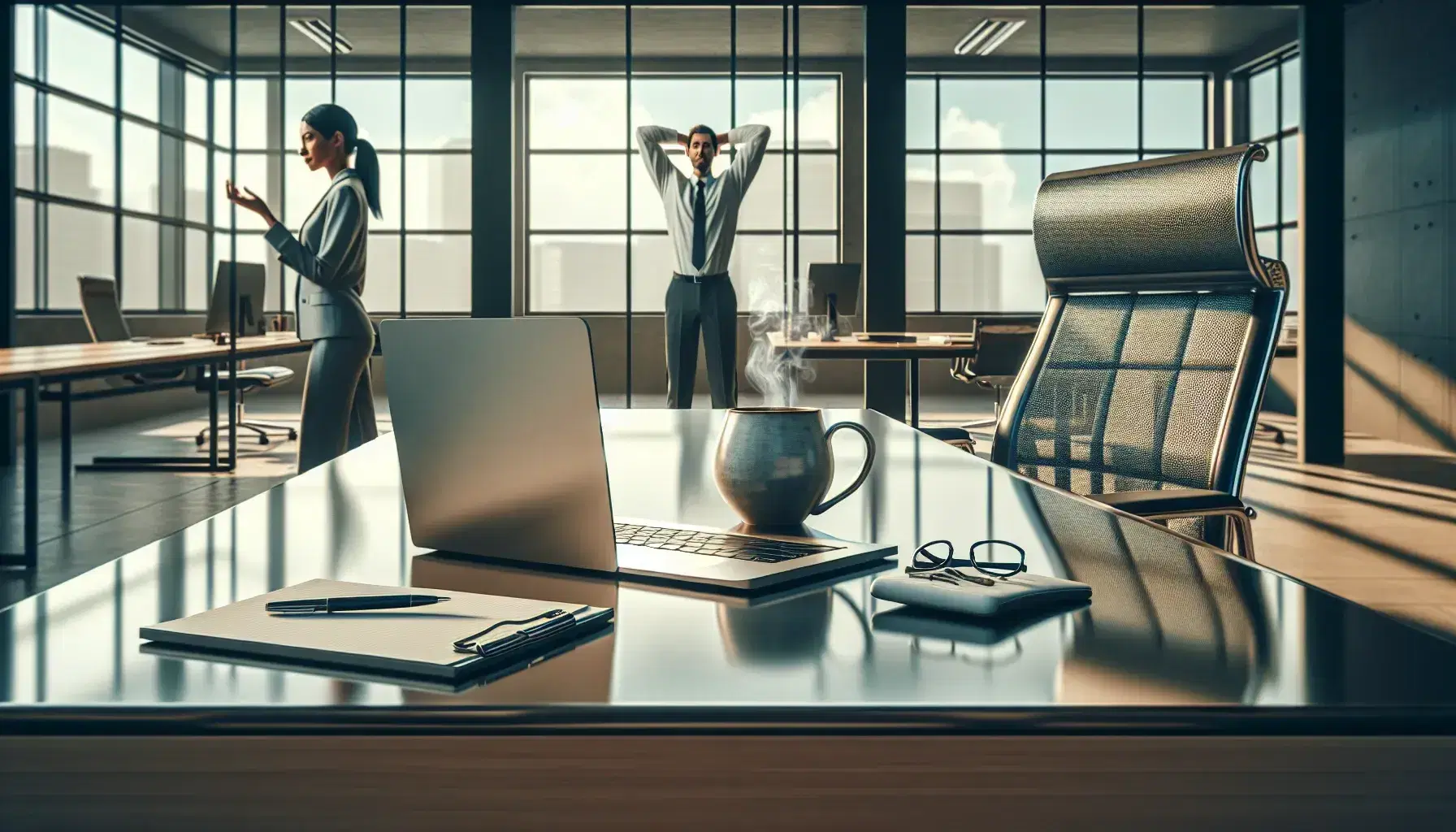 Modern office setting with an ergonomic chair, a desk with a laptop, notepad, and steaming mug, a woman stretching, and a man on a phone call.