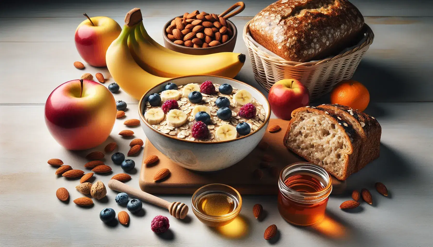 Desayuno saludable con avena, plátano, bayas, pan integral con miel, almendras, manzana roja, uvas verdes y naranja en superficie de madera.