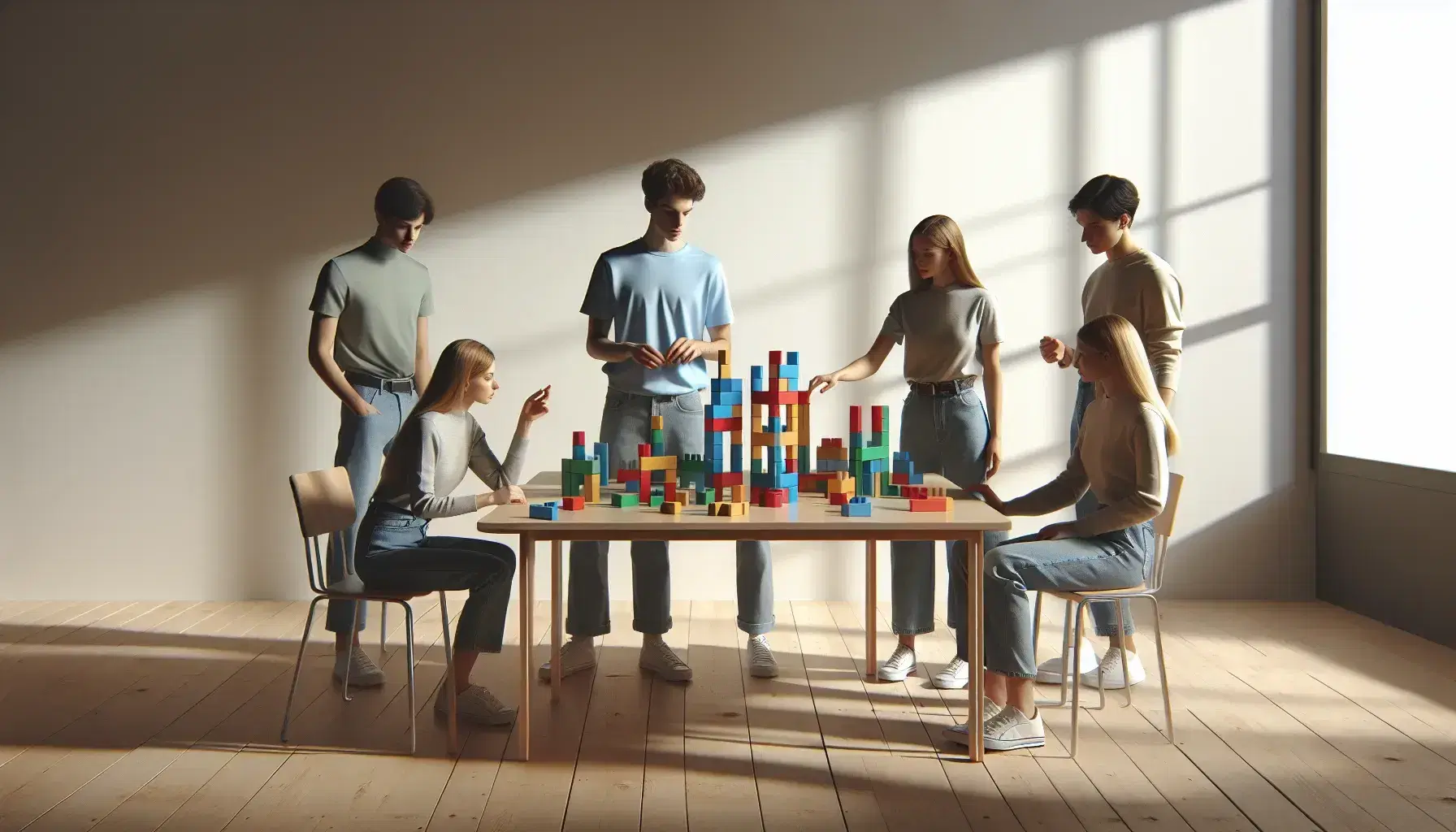 Grupo de cinco personas colaborando en la construcción de estructuras con bloques de colores sobre una mesa de madera bajo luz natural.
