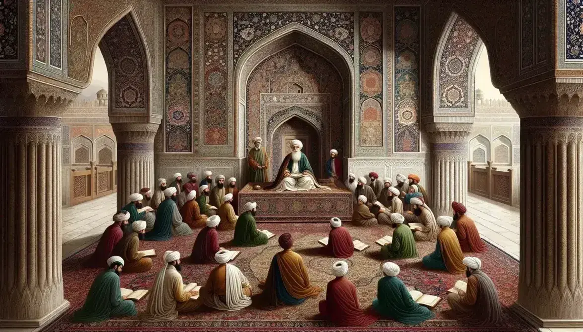 Ancient Mughal classroom with students in traditional attire seated on a Persian carpet, attentive to a bearded teacher by a grand archway and courtyard.