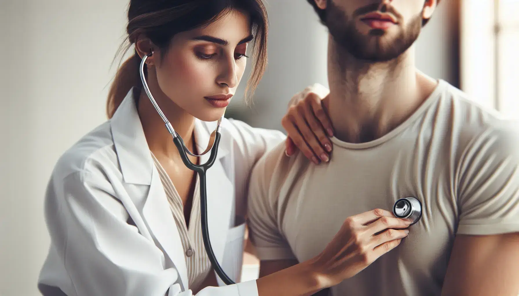 Dottoressa mediorientale in camice bianco utilizza stetoscopio per ascoltare i polmoni di un paziente maschio caucasico seduto.