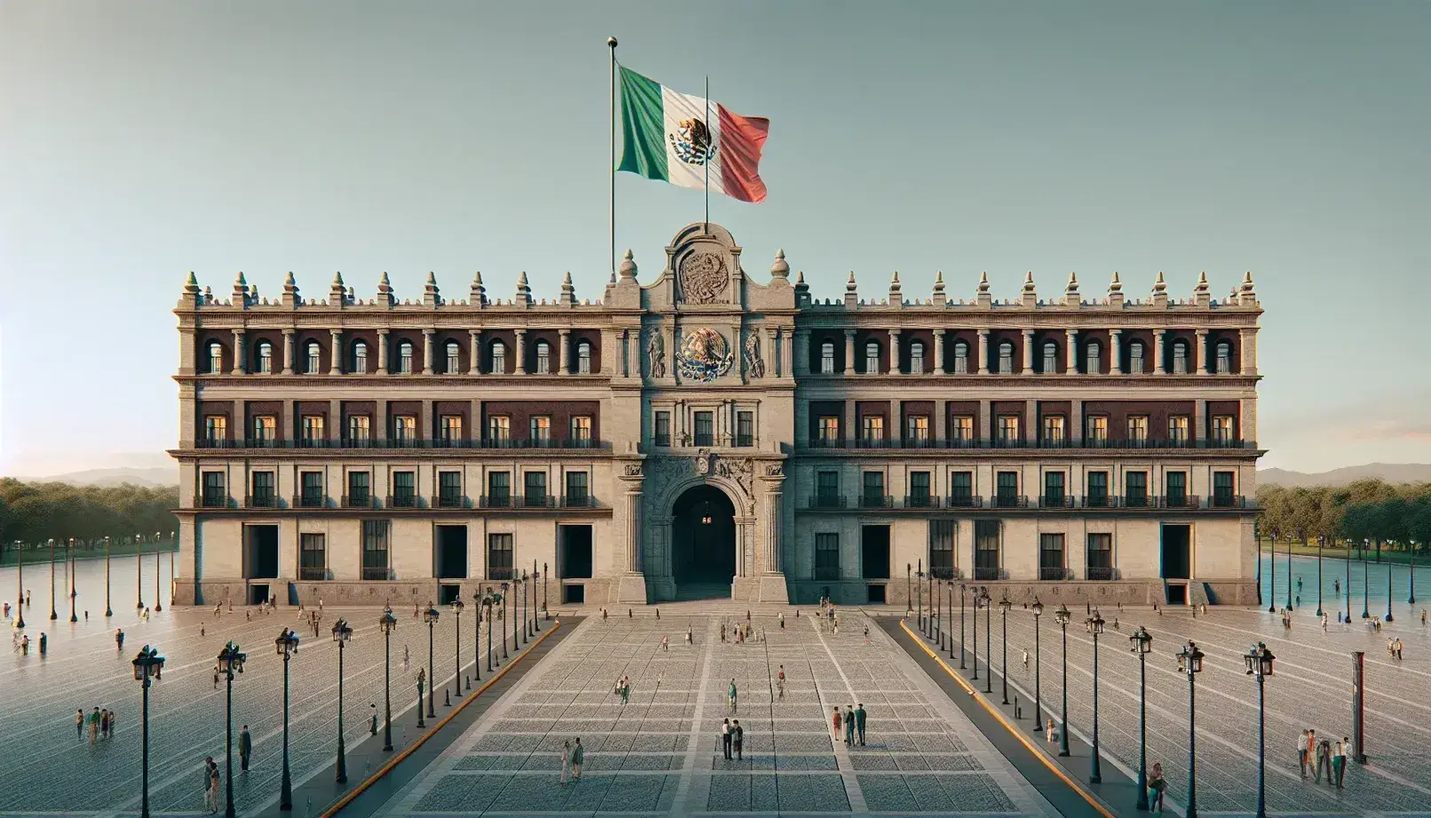 Vista frontal del Palacio Nacional de México con su fachada simétrica, entrada con arco central y bandera mexicana ondeante en la plaza adoquinada.