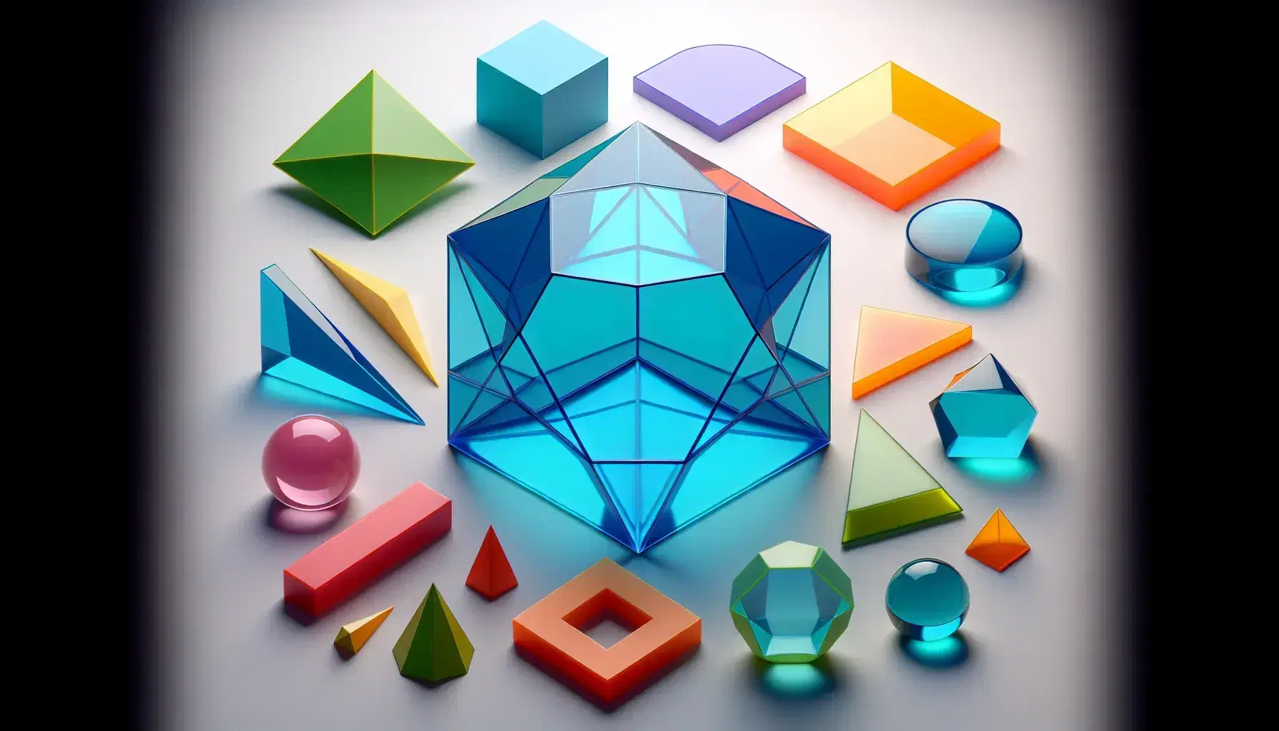 Assorted colorful geometric shapes including a translucent blue hexagon, glossy green triangle, and matte purple octagon on a white background.