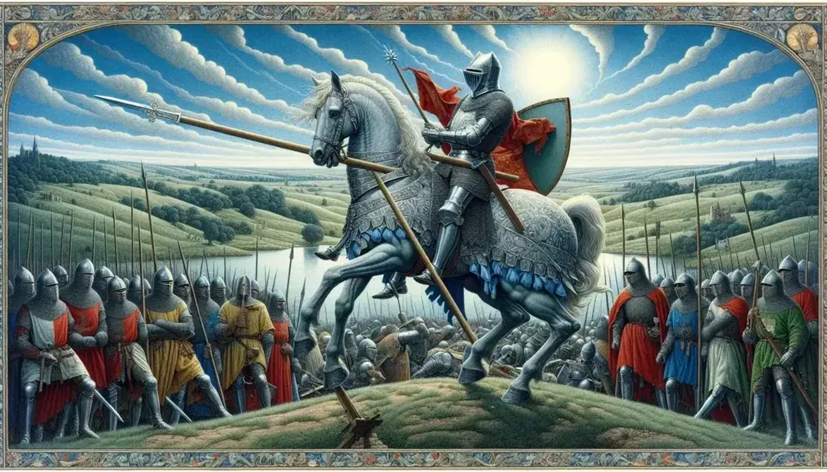 Cavaliere in armatura su cavallo grigio impennato con lancia in mano, truppe armate sullo sfondo in paesaggio medievale europeo.