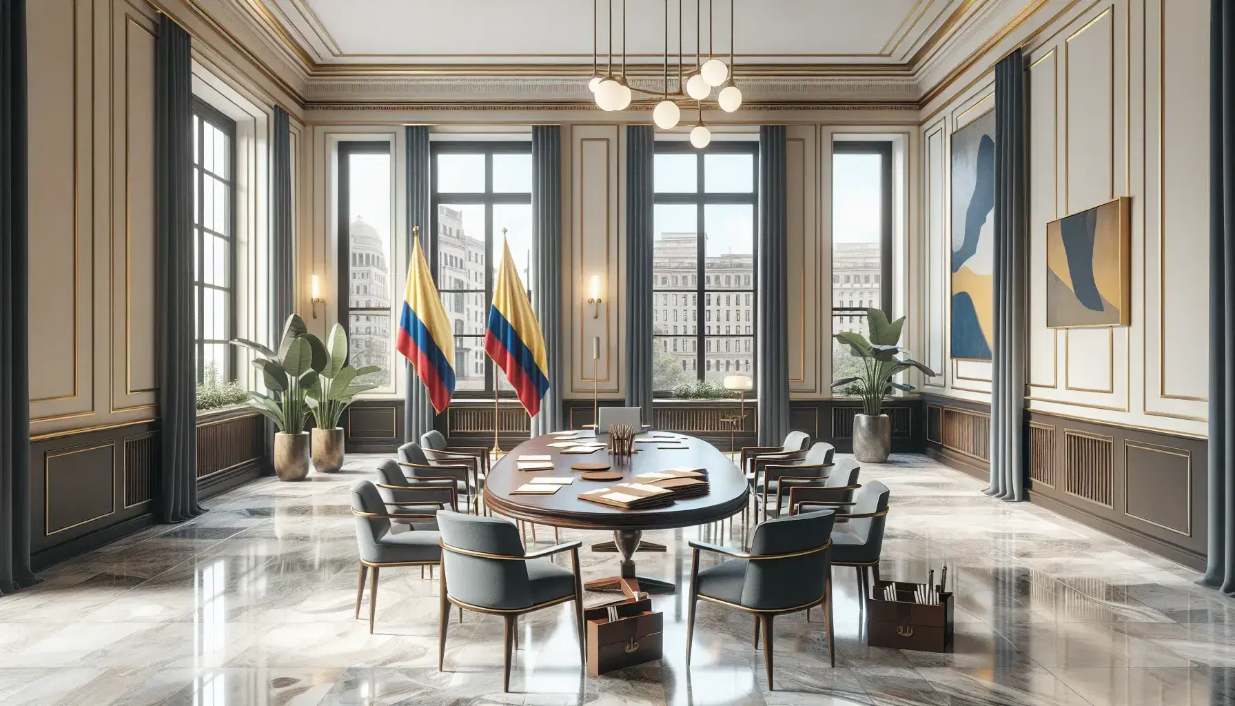 Sala de reuniones elegante con mesa ovalada de madera, sillas azules, bandera de Colombia, ventanas con vista urbana y detalles decorativos como planta y escultura abstracta.