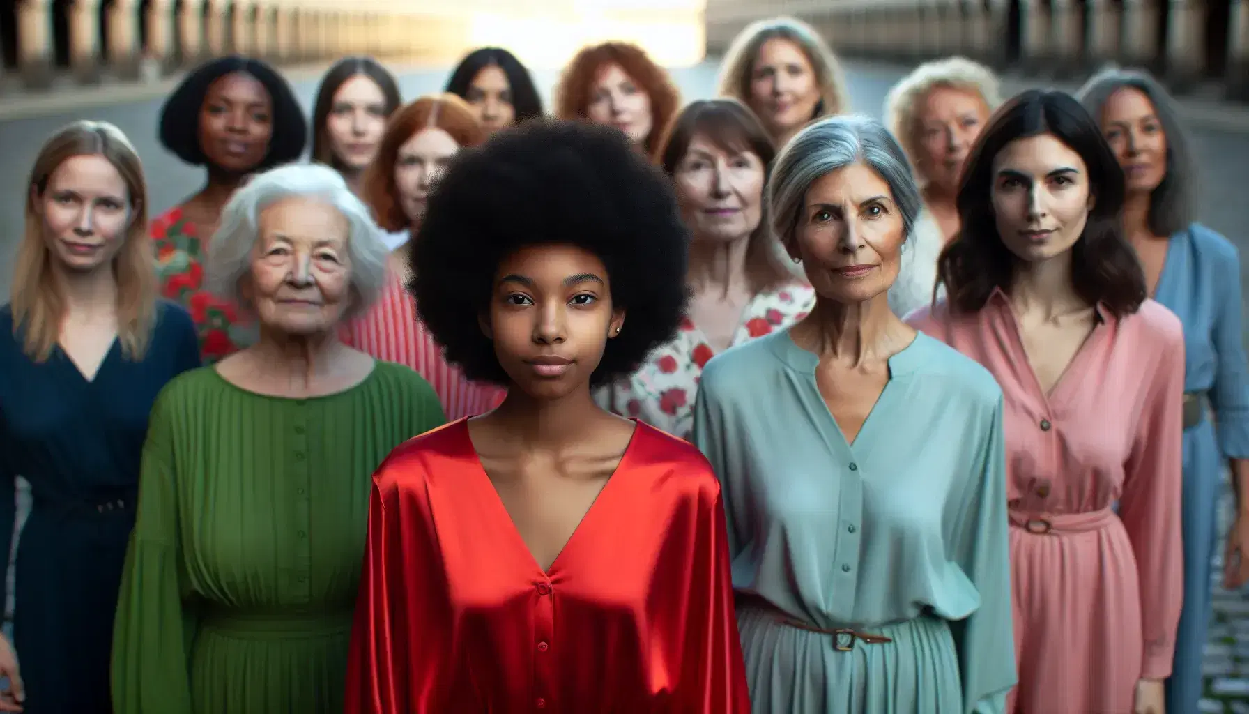 Group of supportive women of different ethnicities, with a young black woman in the foreground, in a blurry outdoor setting radiating warmth and unity.