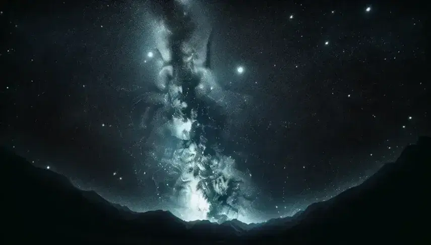 Cielo notturno stellato con Via Lattea visibile e silhouette di montagna, lontano dall'inquinamento luminoso.