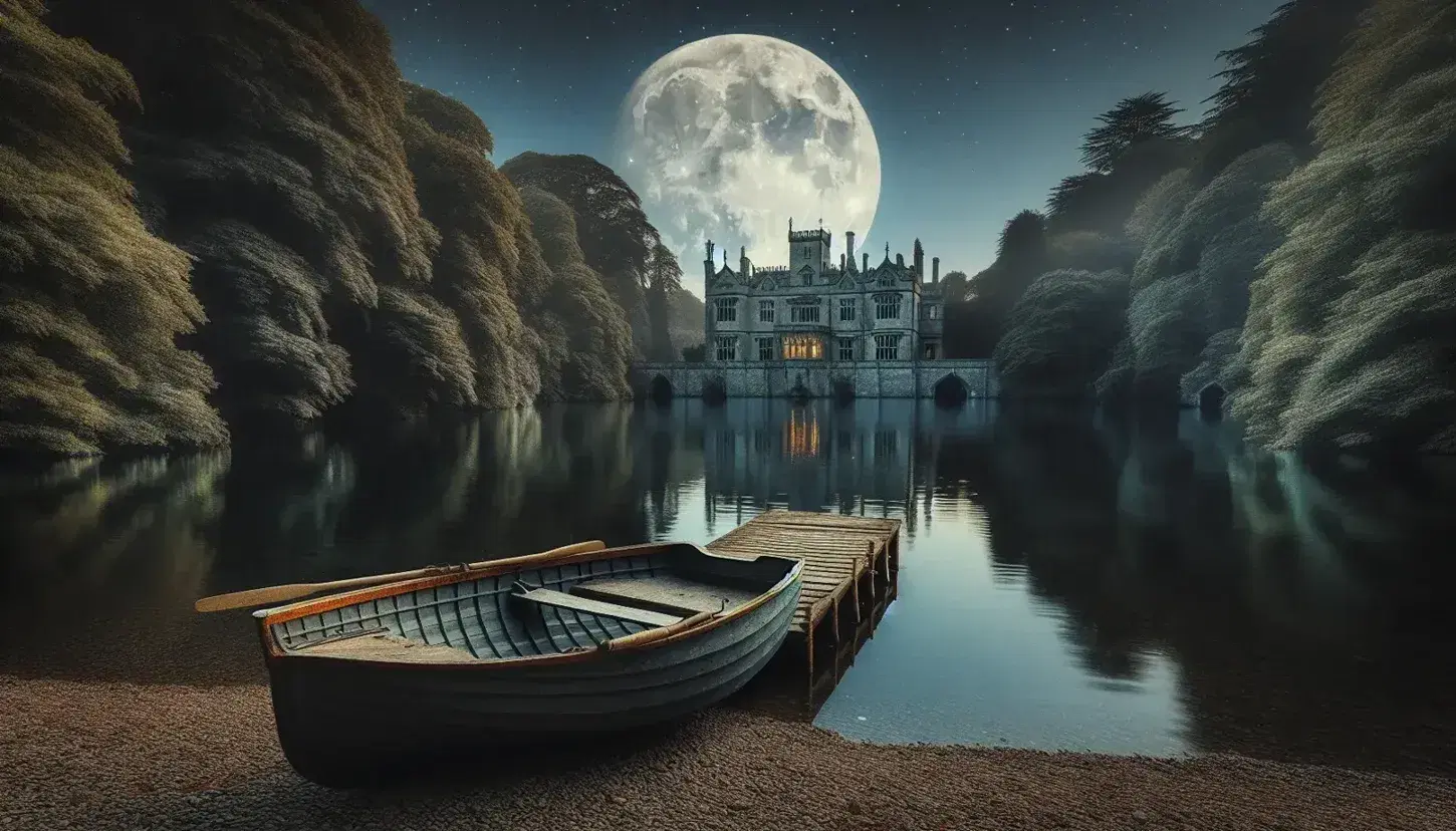 Moonlit lakeside with a tethered rowboat, reflective waters, a gothic mansion silhouette, and a bright full moon in a starry sky.