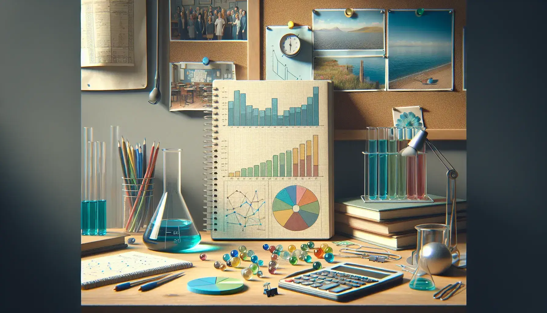 Organized desk with open notebook showing bar and pie charts, beaker with blue liquid, colored marbles, ruler and compass, background with pinned photos.