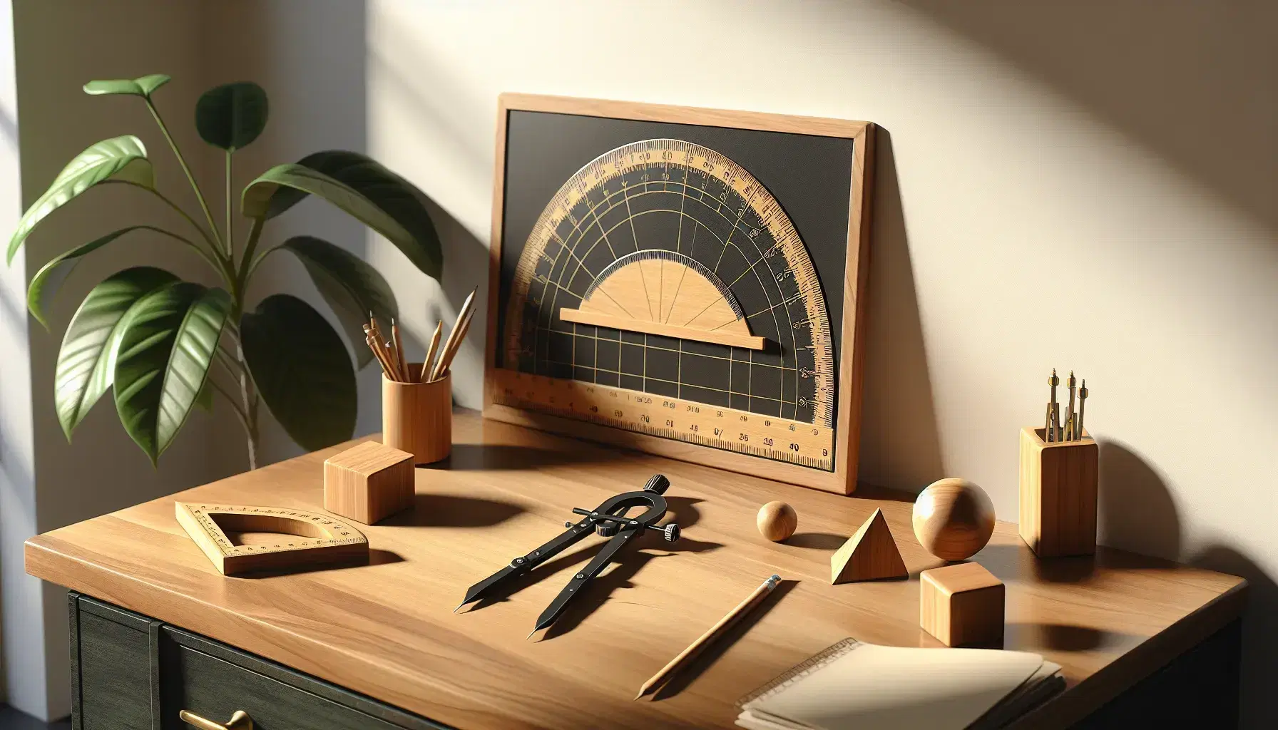 Wooden desk with a blackboard protractor, brass compasses, and assorted geometric shapes, near a potted plant by a sunlit window.