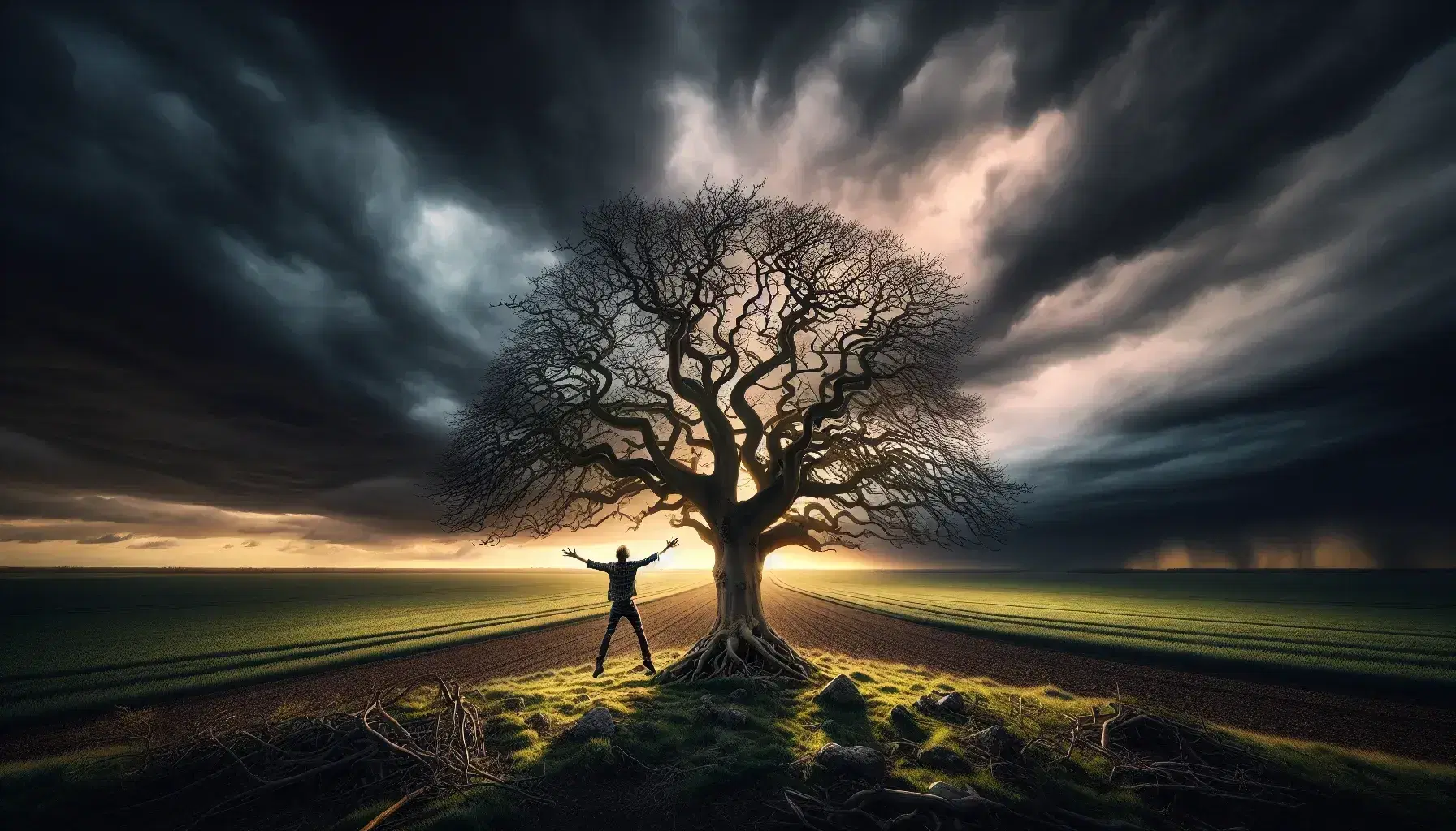Cielo tempestoso con nuvole grigie, albero spoglio e figura umana con braccia aperte al tramonto, tra campi verdi e rocce sparse.