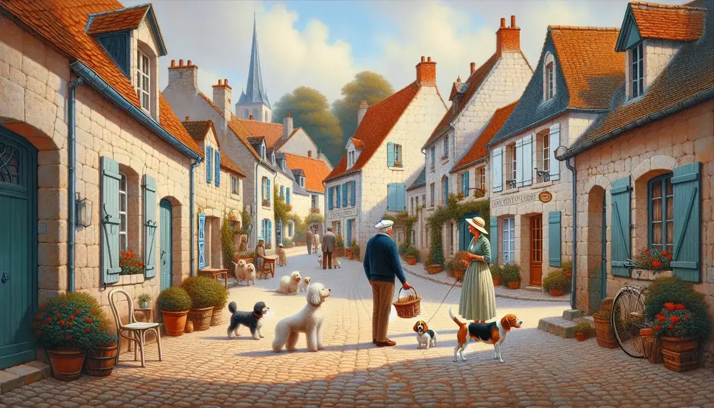 Quaint French village street with cobblestones, pastel-colored houses with terracotta roofs, an elderly man, a Hispanic woman, a poodle, a beagle, and a distant church spire.