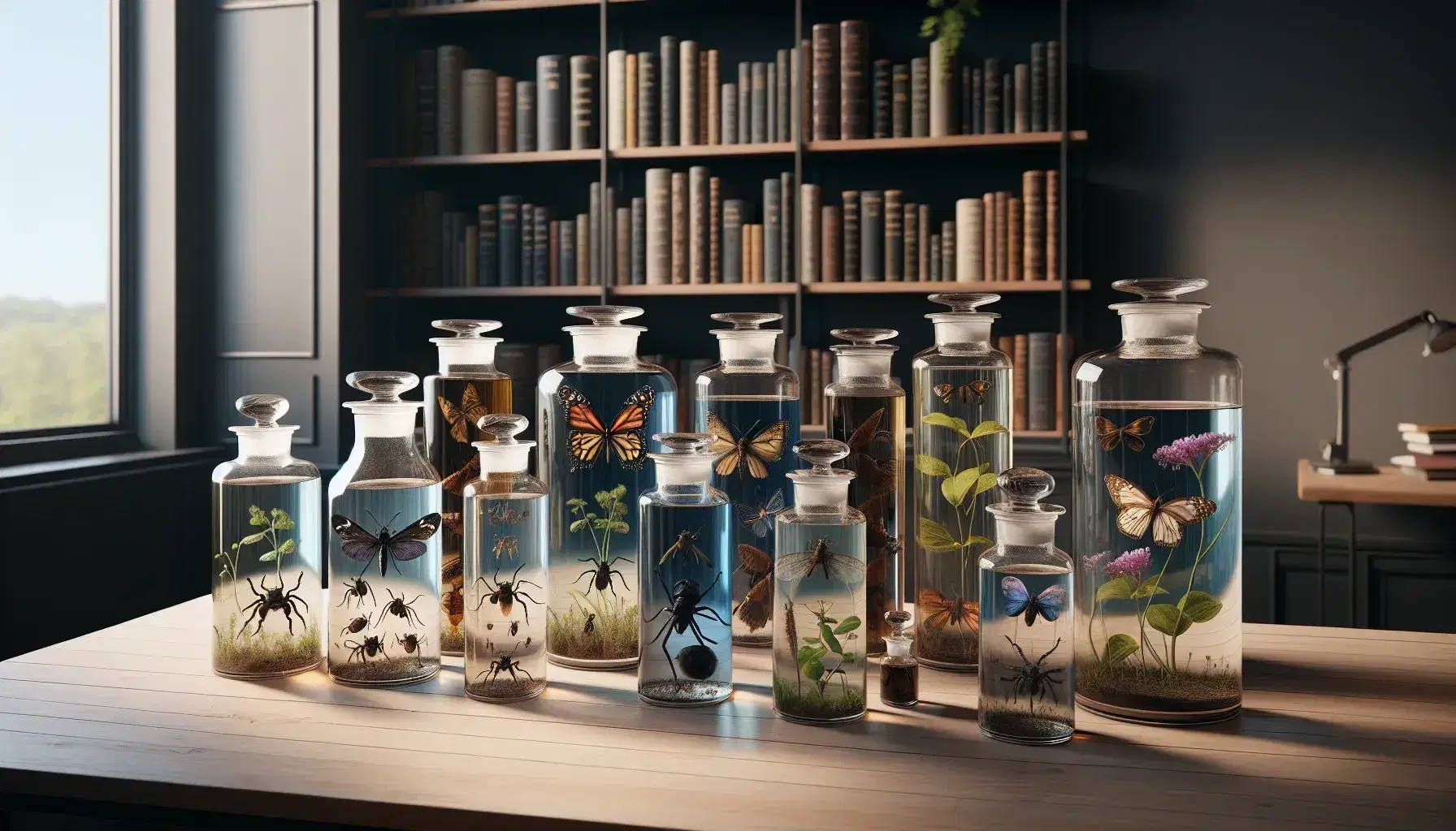 Frascos de vidrio con especímenes biológicos preservados en líquido, incluyendo insectos coloridos y vegetación, sobre mesa de madera con estantería y libros al fondo.