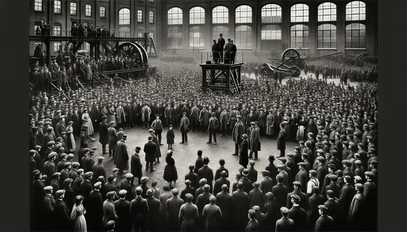 Folla in bianco e nero in piazza d'epoca industriale, con persone in abiti d'epoca che ascoltano un oratore su palco improvvisato, circondati da edifici storici e macchinari a vapore.