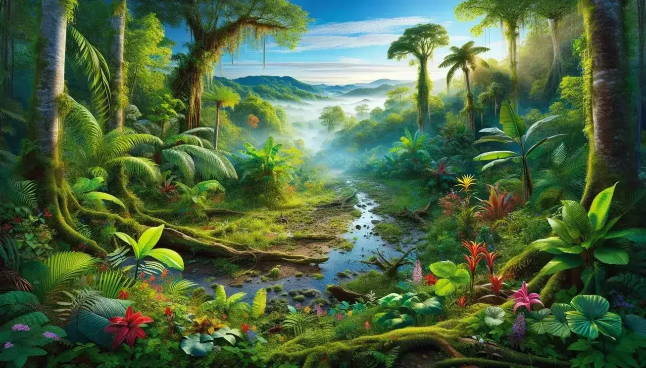 Mesoamerican rainforest with river, tropical plants, mossy trees, foggy hills, blue sky, scarlet macaw and coatimundi.