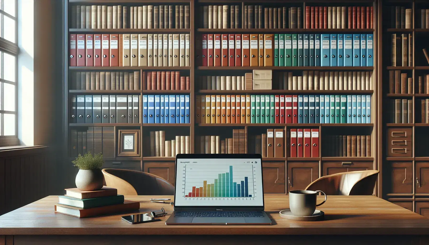 Biblioteca con estantes de madera oscura llenos de carpetas de colores, mesa con laptop mostrando gráficos de barras y taza de café al lado.
