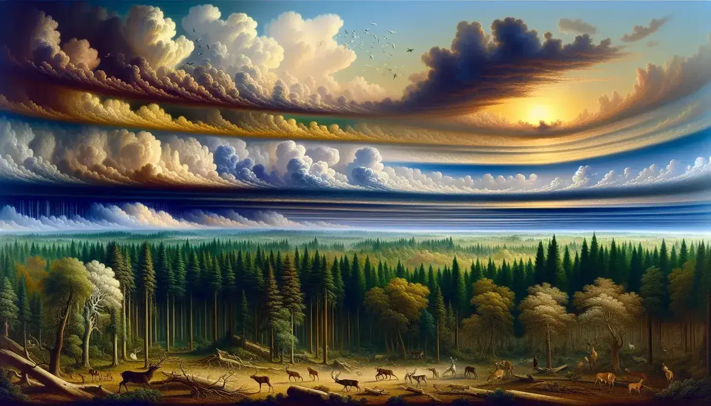 Paesaggio forestale con fauna selvatica, cielo con nuvole di varie densità e raggi solari che filtrano tra esse, indicando fenomeni atmosferici.