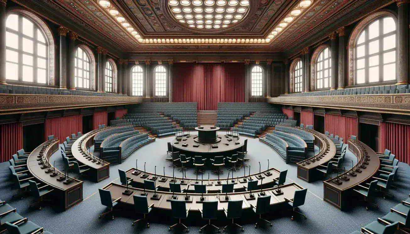 Sala de conferencias vacía con asientos azul oscuro y mesas adjuntas en semicírculo, plataforma central con mesa de madera y micrófonos, cortina roja y ventanas superiores.