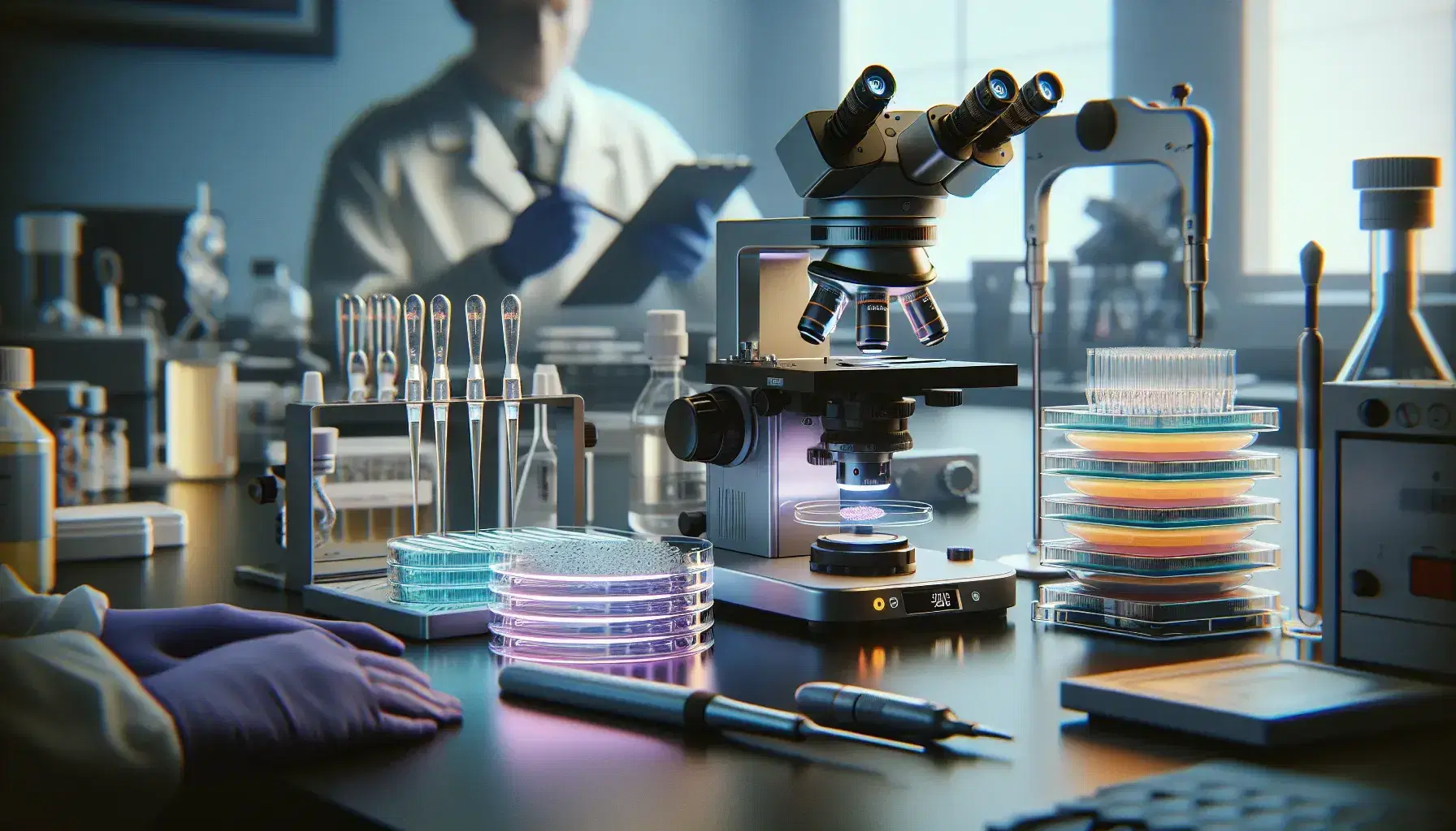 Close-up of a lab bench with a microscope, colorful agar in petri dishes, pipette tips, and a researcher using gel electrophoresis in the background.