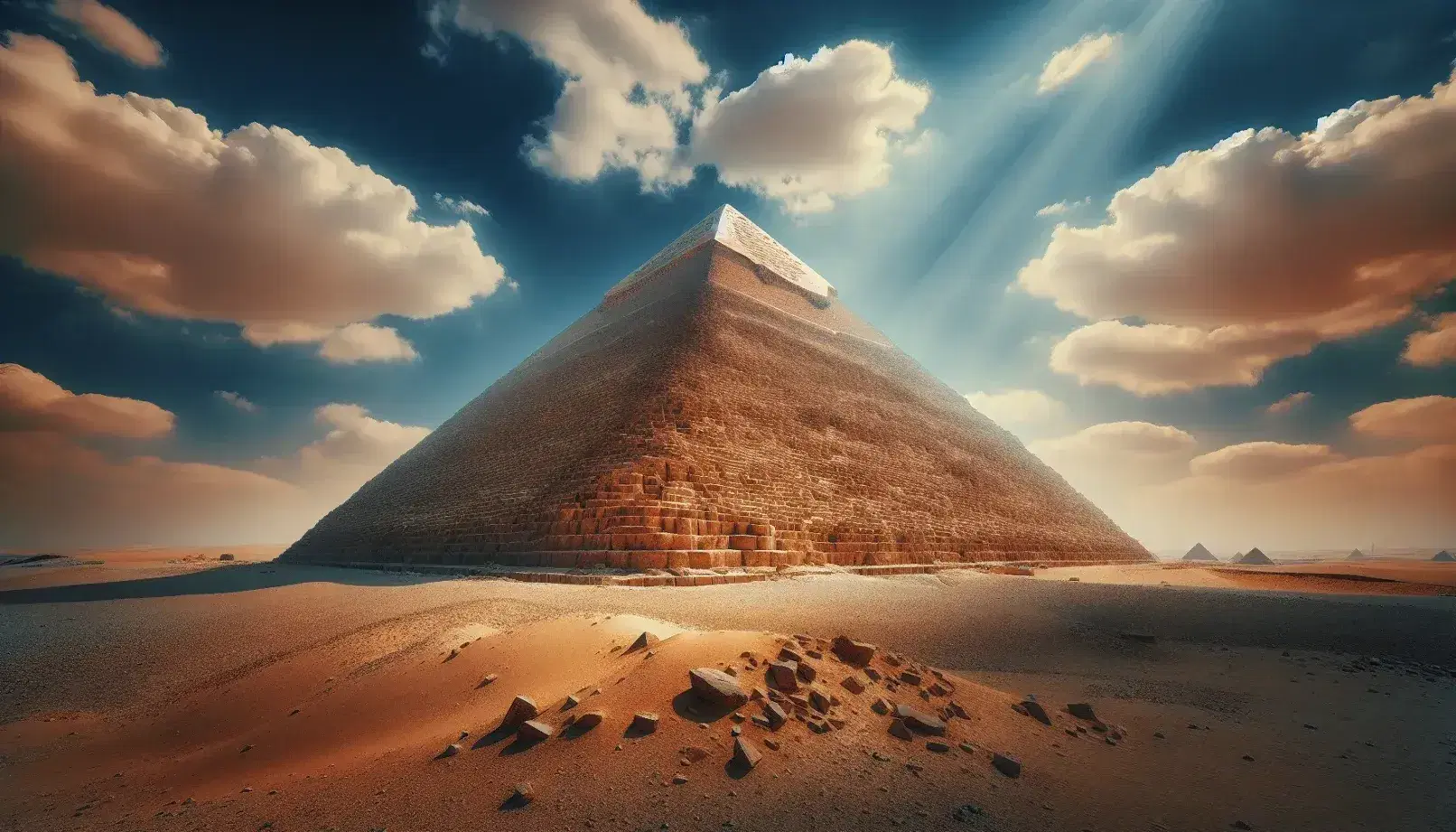 Vista frontal de la Gran Pirámide de Giza bajo un cielo azul con nubes, mostrando su estructura de bloques de piedra y sombras marcadas, sin personas ni vegetación.