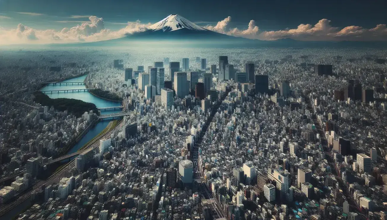 Veduta aerea di Tokyo con grattacieli, fiume serpeggiante e Monte Fuji innevato sullo sfondo sotto cielo sereno.