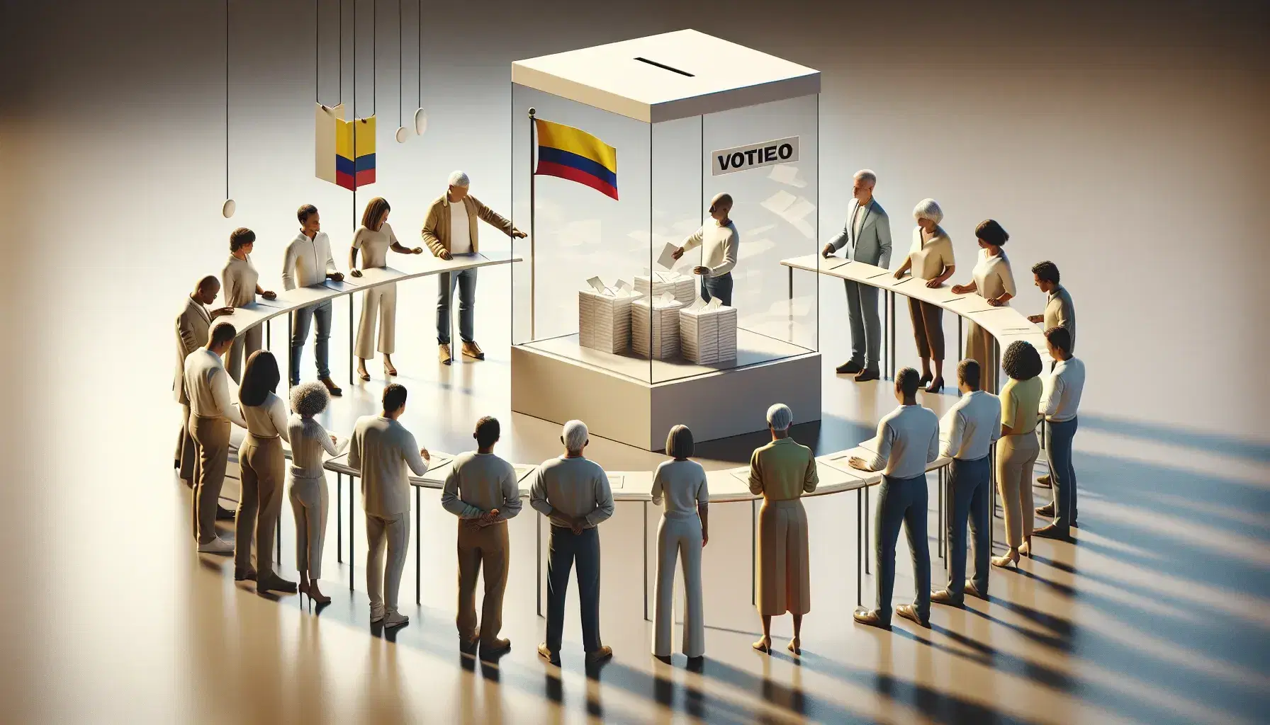 Grupo diverso de personas votando alrededor de una urna transparente con papeletas visibles y bandera de Colombia al lado.