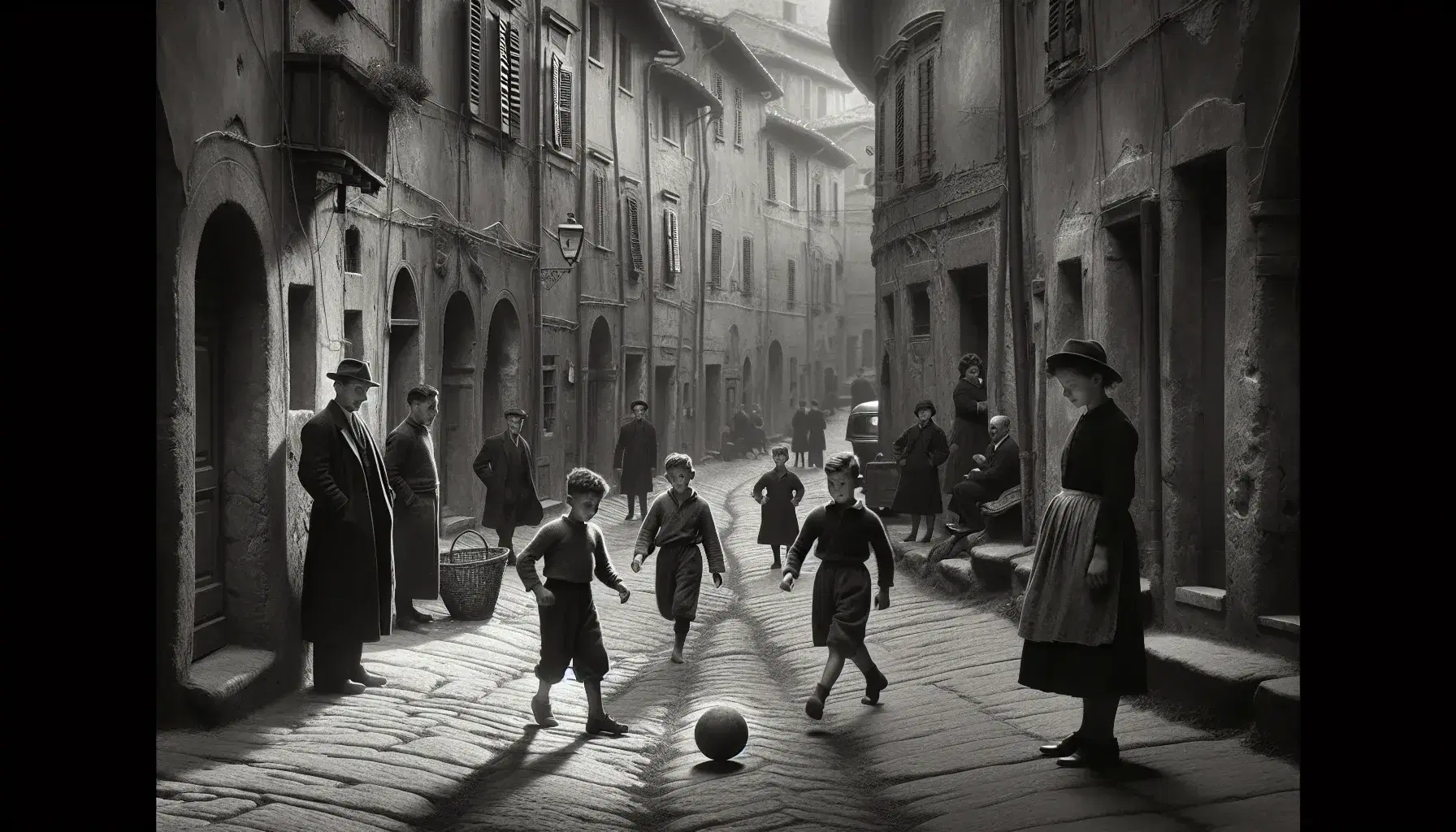 Scena di vita quotidiana in una strada italiana degli anni '40/'50 con bambini che giocano a calcio e passanti tra edifici antichi.