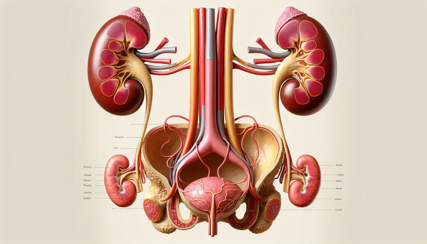Representación anatómica detallada del sistema urinario humano con riñones, ureteres, vejiga urinaria, uretra y próstata en un fondo neutro.