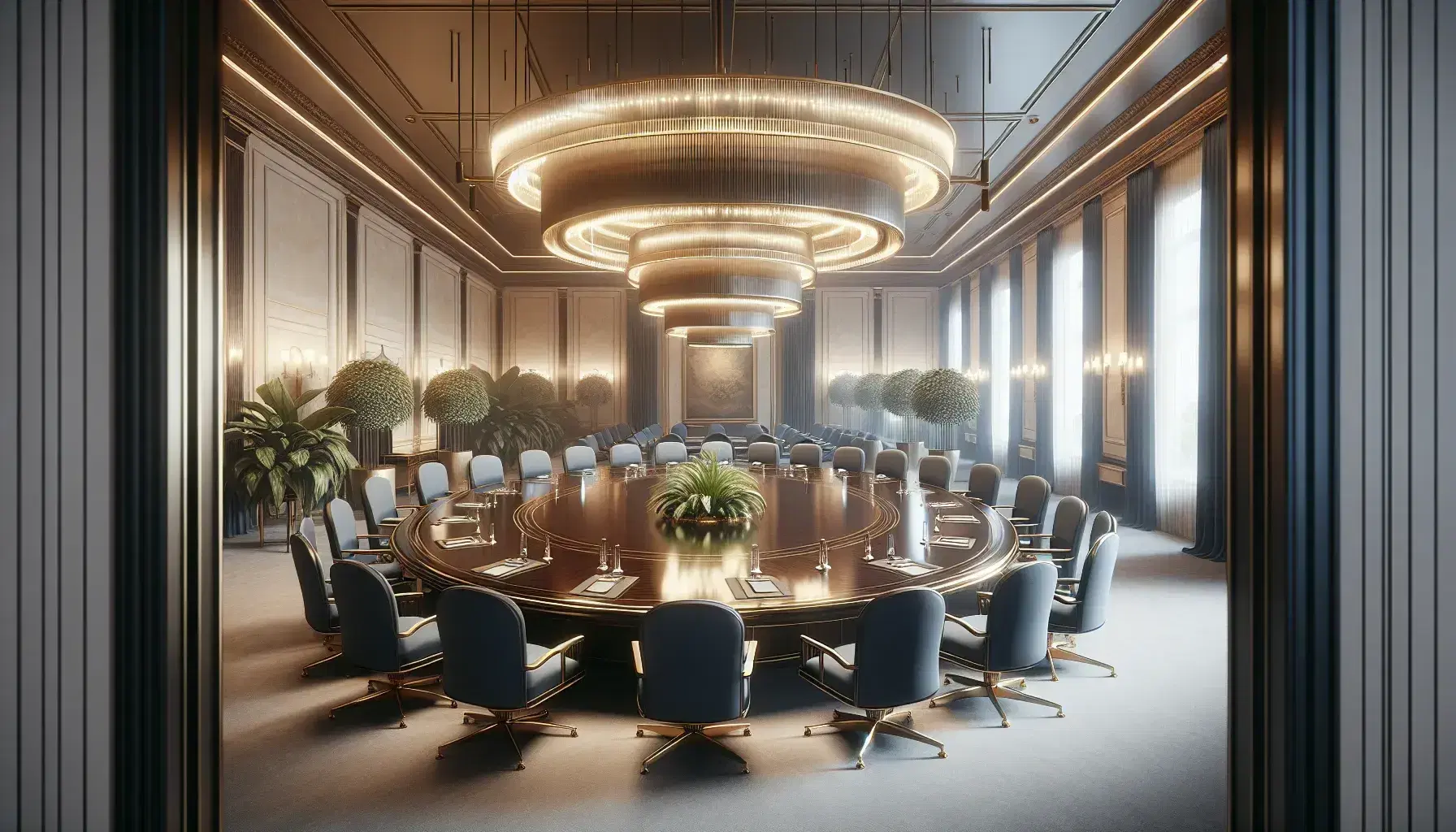 Elegant conference room with a large dark wood table, deep blue upholstered chairs, a grand chandelier above, and leafy potted plants in the corners.