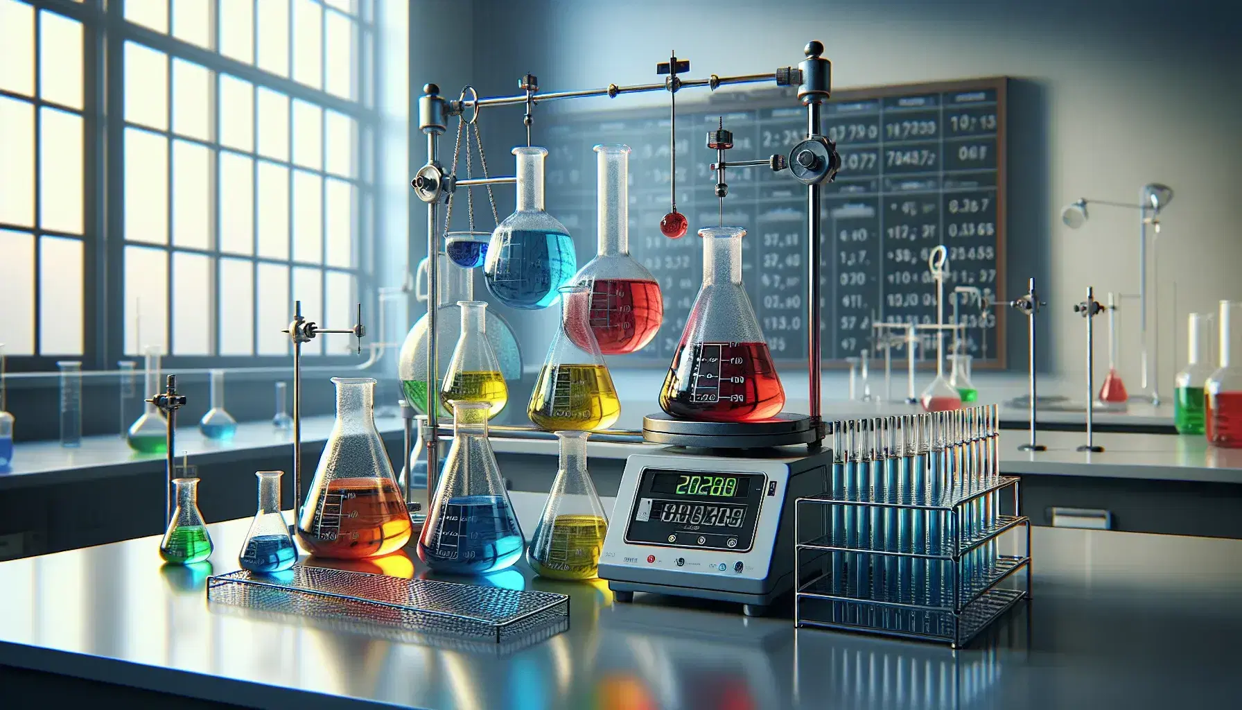 Laboratorio químico con Erlenmeyers de líquidos coloridos en fila, probetas en soporte metálico, cronómetro digital y balanza analítica, bajo luz natural.