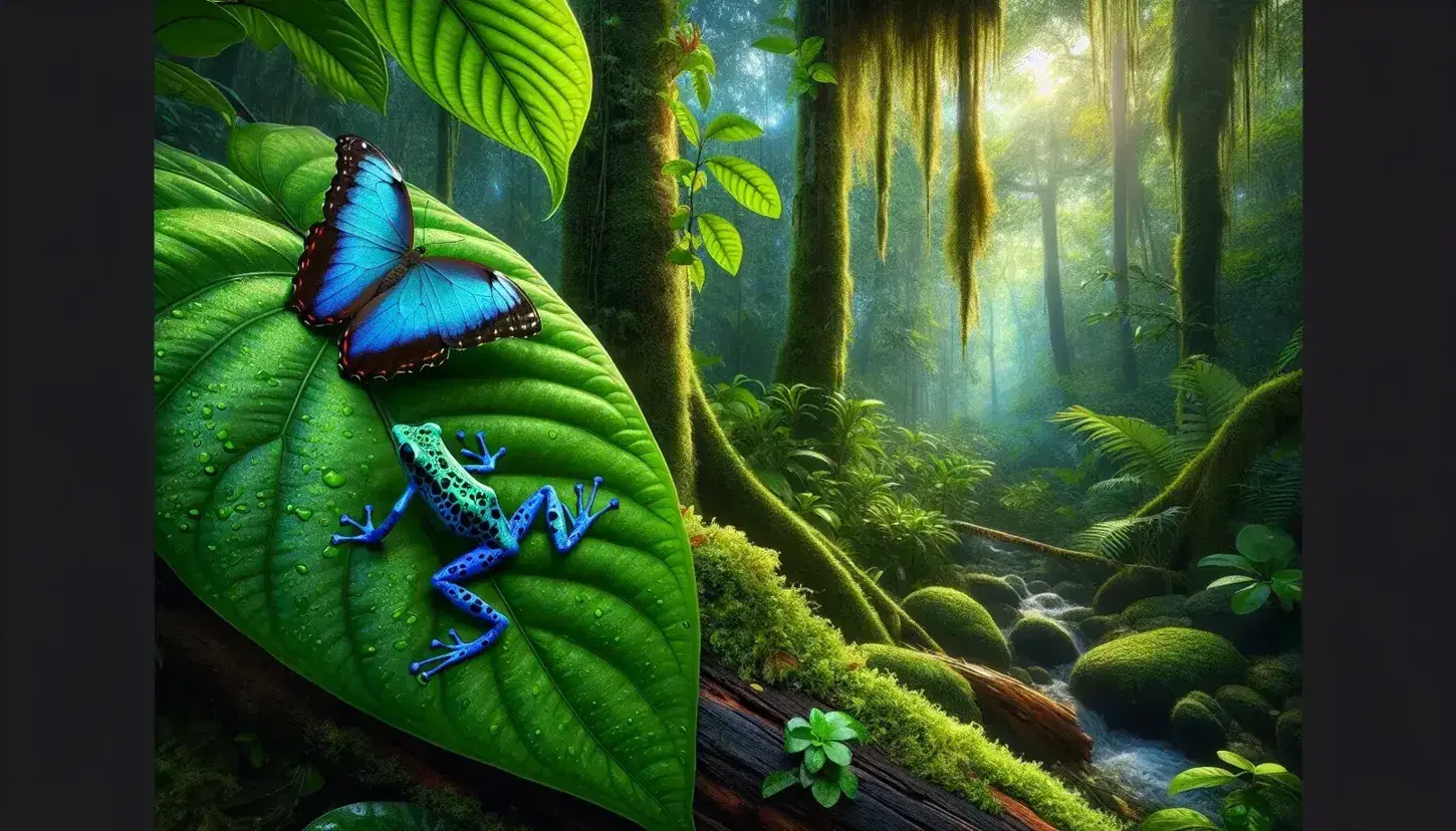 Vibrant rainforest with a blue morpho butterfly on a leaf, a spotted poison dart frog on a branch, and diverse flora and fauna in the background.