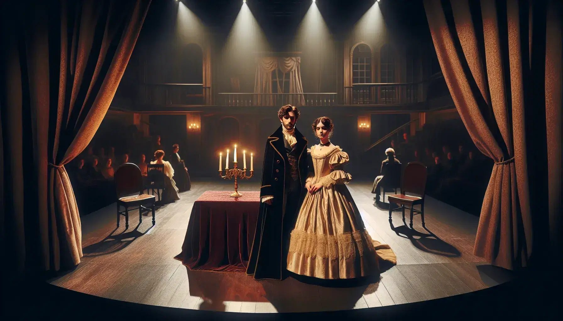Actores en escenario teatral con vestuario de época bajo foco de luz, escenografía de salón antiguo y público en primer plano desenfocado.
