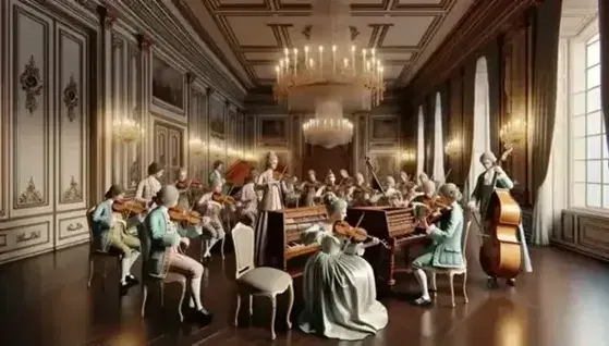 Concierto de música barroca en salón del siglo XVIII con músicos en trajes de época, una mujer tocando el clavecín y decoración clásica con espejos y candelabros.