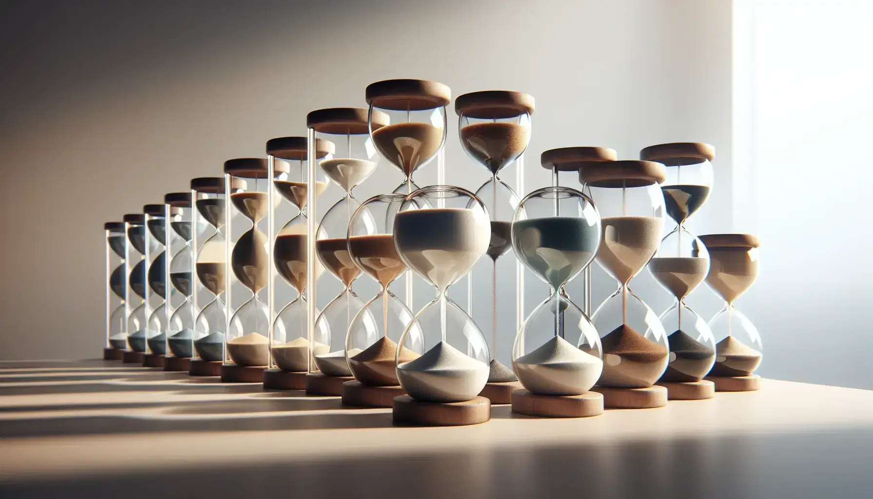Serie de relojes de arena en madera clara con sombras suaves, mostrando distintos niveles de arena en tonos desde blanco hasta marrón oscuro.