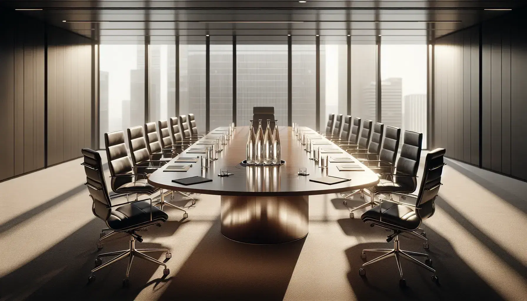 Modern corporate boardroom with oval wooden table, black leather chairs, laptops, glass water bottles, and a city skyline view through large windows.
