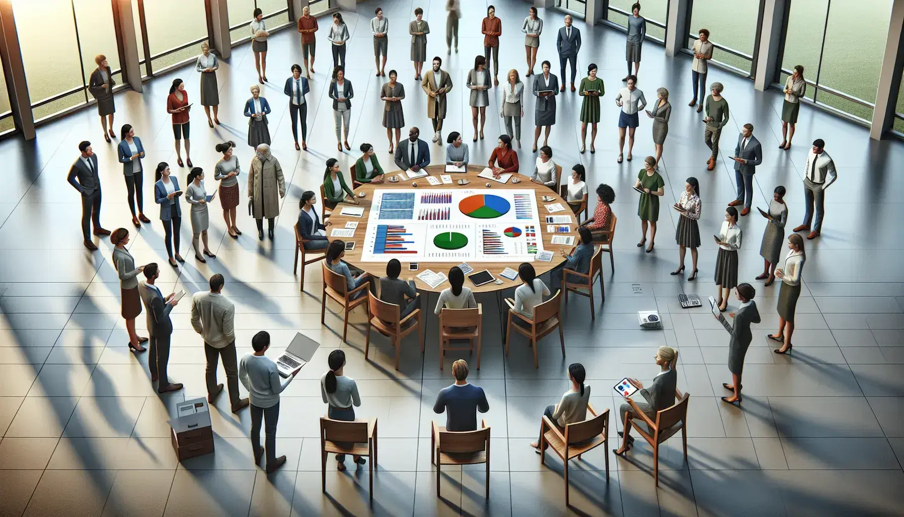 Grupo diverso de personas en reunión de trabajo con gráficos, calculadora y dispositivos electrónicos en una sala iluminada con plantas.