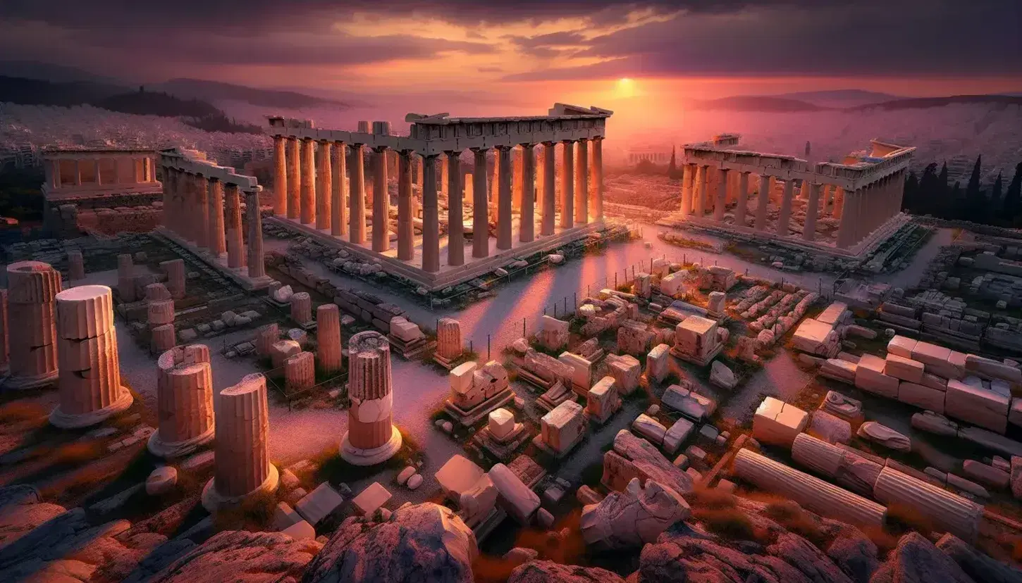 Vista panoramica delle rovine dell'Acropoli di Atene al tramonto con colonne del Partenone illuminate e figura umana in contemplazione.