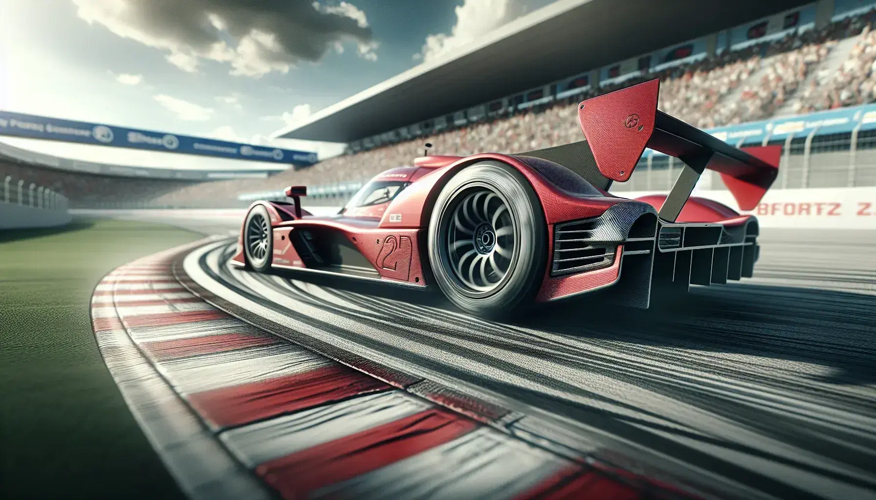 Auto da corsa rossa in azione su pista, inclinata in curva con spettatori sfocati sullo sfondo e cielo azzurro con nuvole sparse.