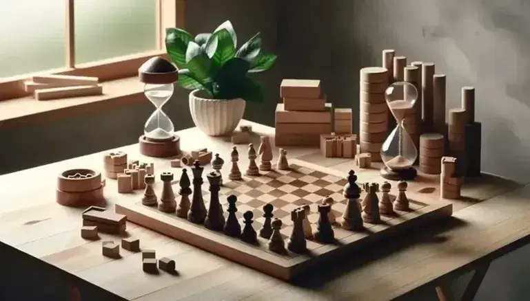 Mesa de madera clara con ajedrez a medio juego, reloj de arena marcando tiempo y bloques de construcción, planta verde al fondo.