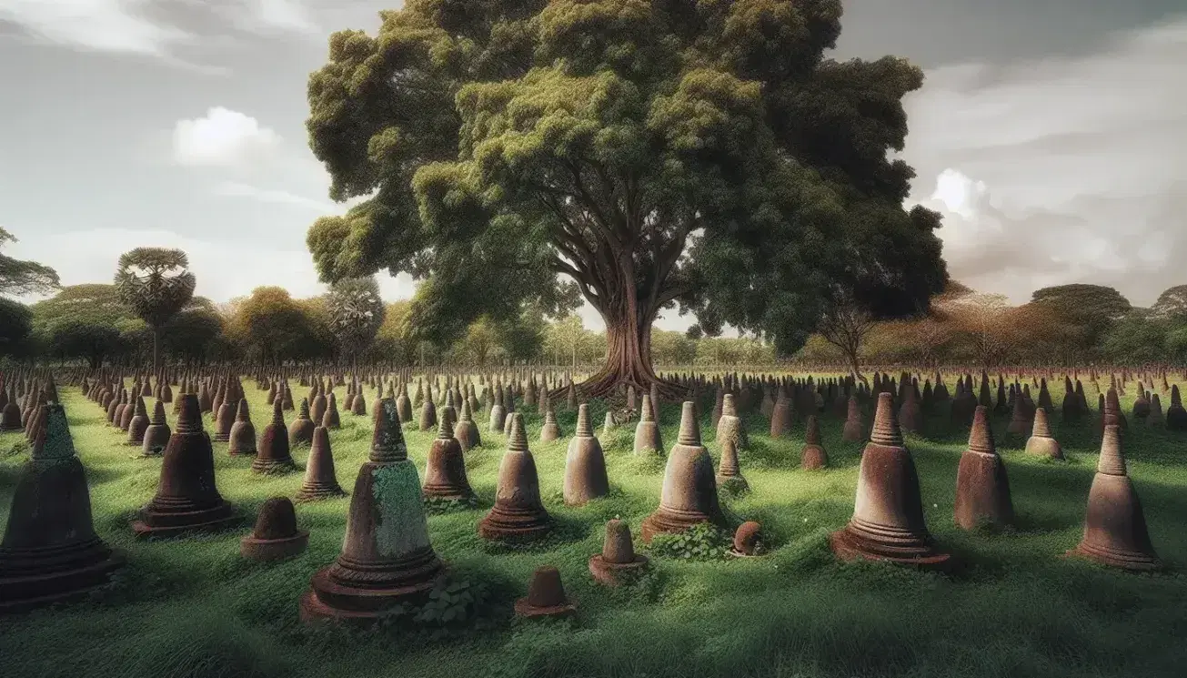 Weathered concrete stupas dot the overgrown grass at Choeung Ek Genocidal Center, with a large tree casting shadows in a serene, cloud-dappled sky.