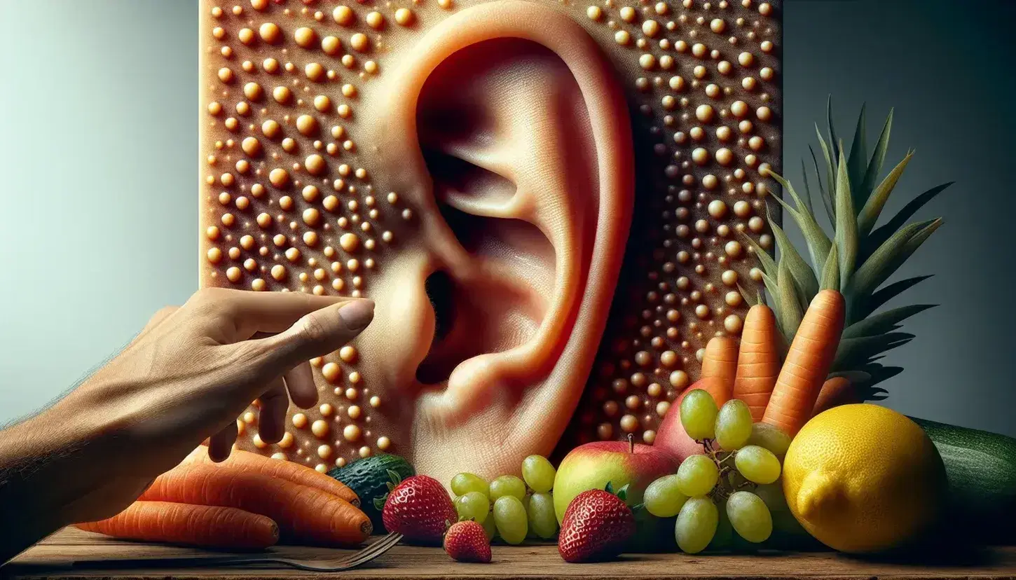 Close-up of a human ear with blurred background of fresh fruits and vegetables on a wooden table and hand touching Braille surface next to glass of water with ripples.