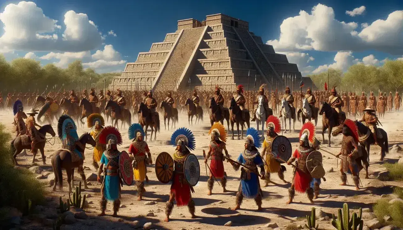 Guerreros indígenas con ropajes coloridos y armas tradicionales enfrentan a soldados armados y caballos frente a una pirámide mesoamericana bajo un cielo azul.