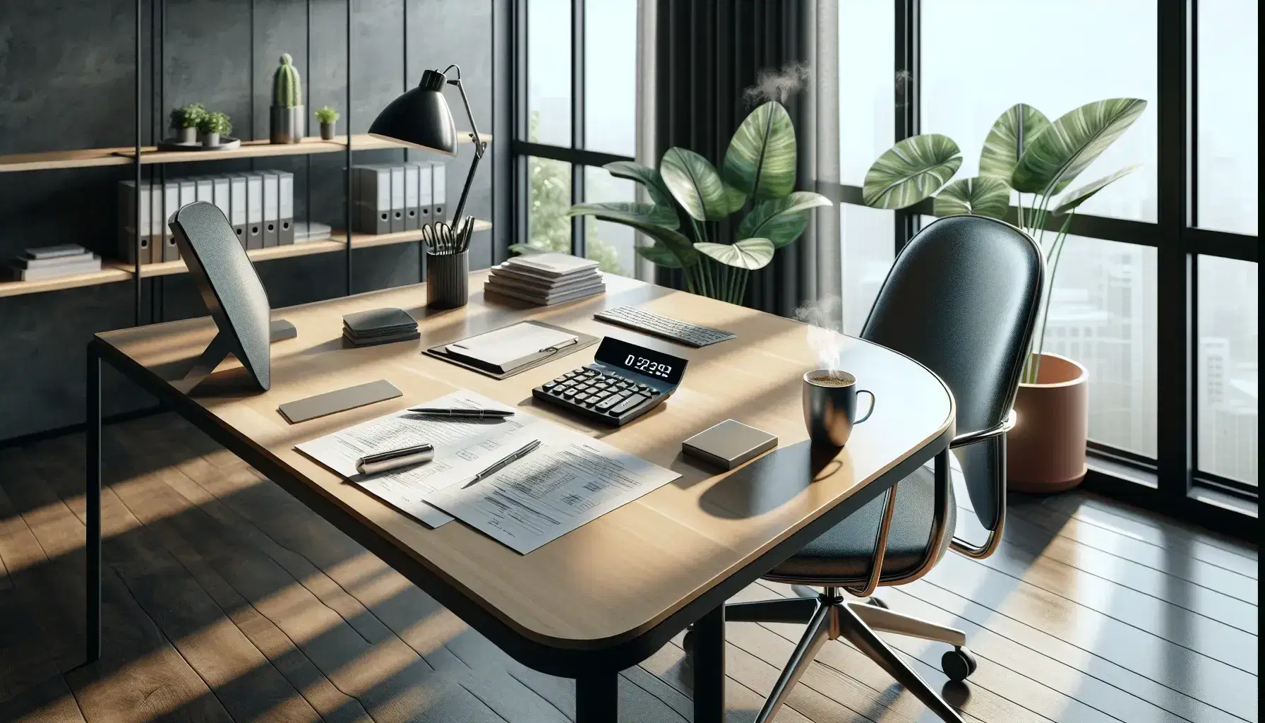 Oficina moderna iluminada con grandes ventanas, escritorio de madera con calculadora negra, papeles, bolígrafo azul y taza de café humeante, silla ergonómica y planta interior.