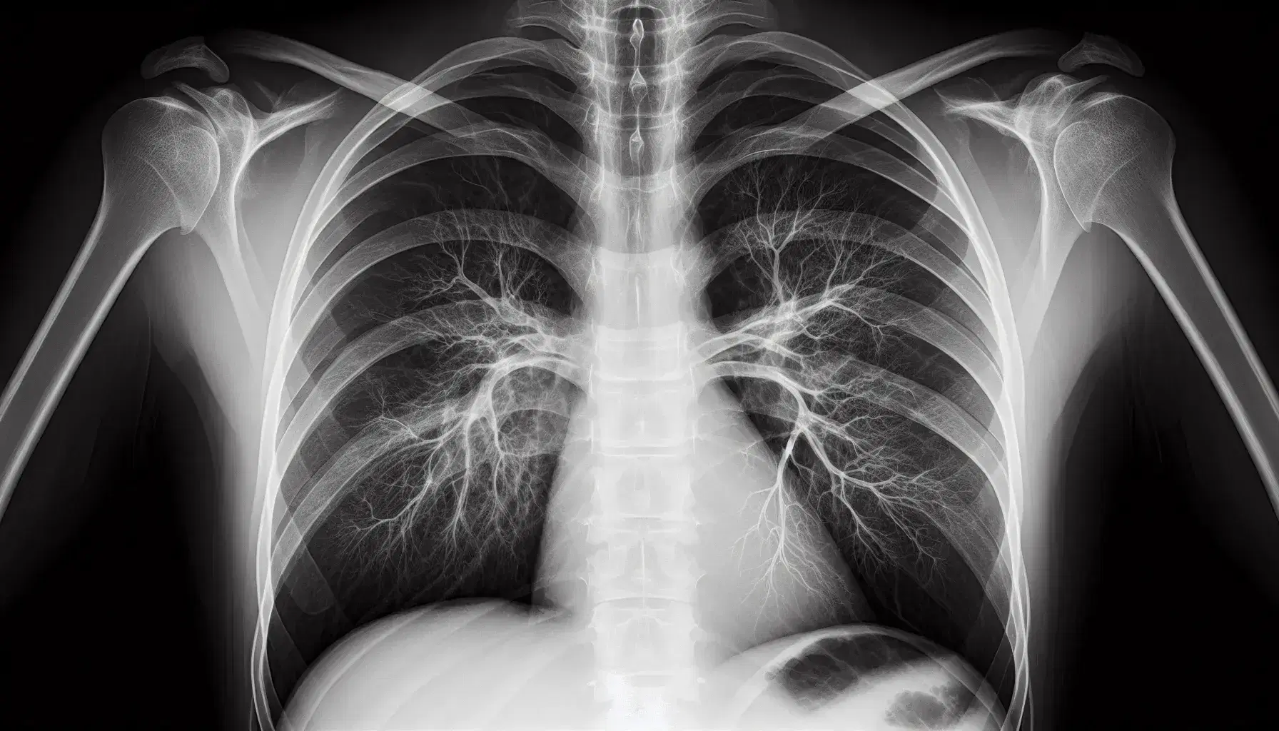 Radiografía de tórax en escala de grises mostrando estructuras internas, con tráquea y bronquios centrales, costillas y campos pulmonares simétricos.
