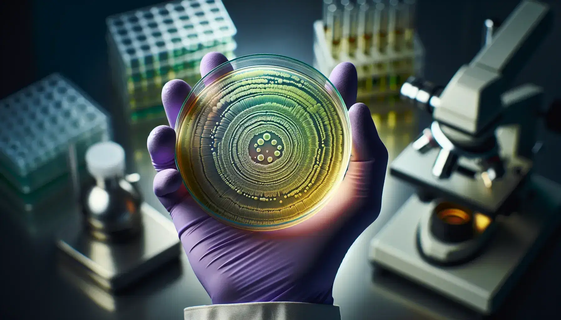 Close-up view of a hand in a purple glove holding a petri dish with concentric circles of bacterial growth in a blurred lab setting.