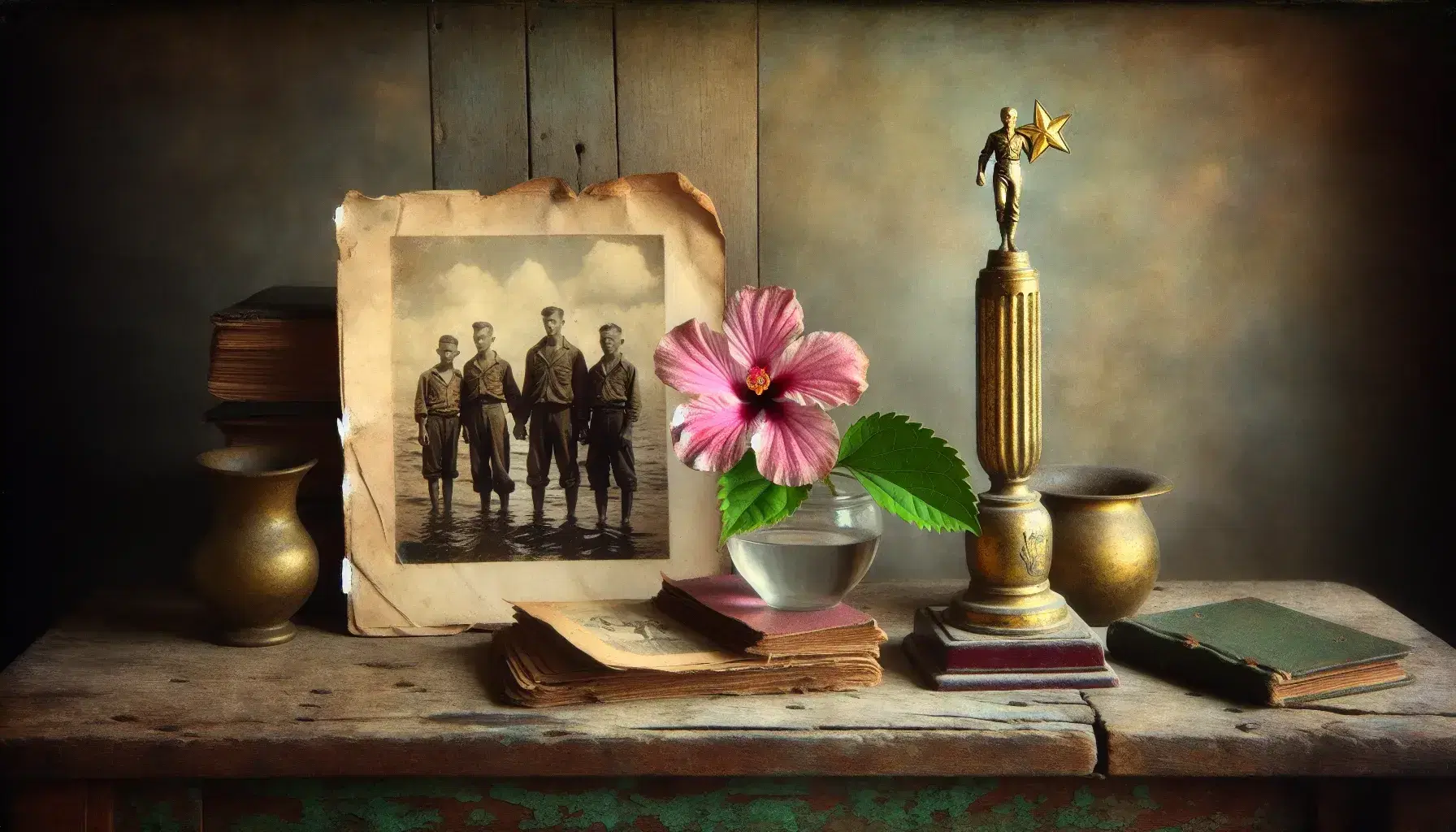 Weathered wooden table with a vintage trophy, an old photo of four people, a clay bowl with a pink hibiscus in water, a worn book, and an unlit hurricane lamp.