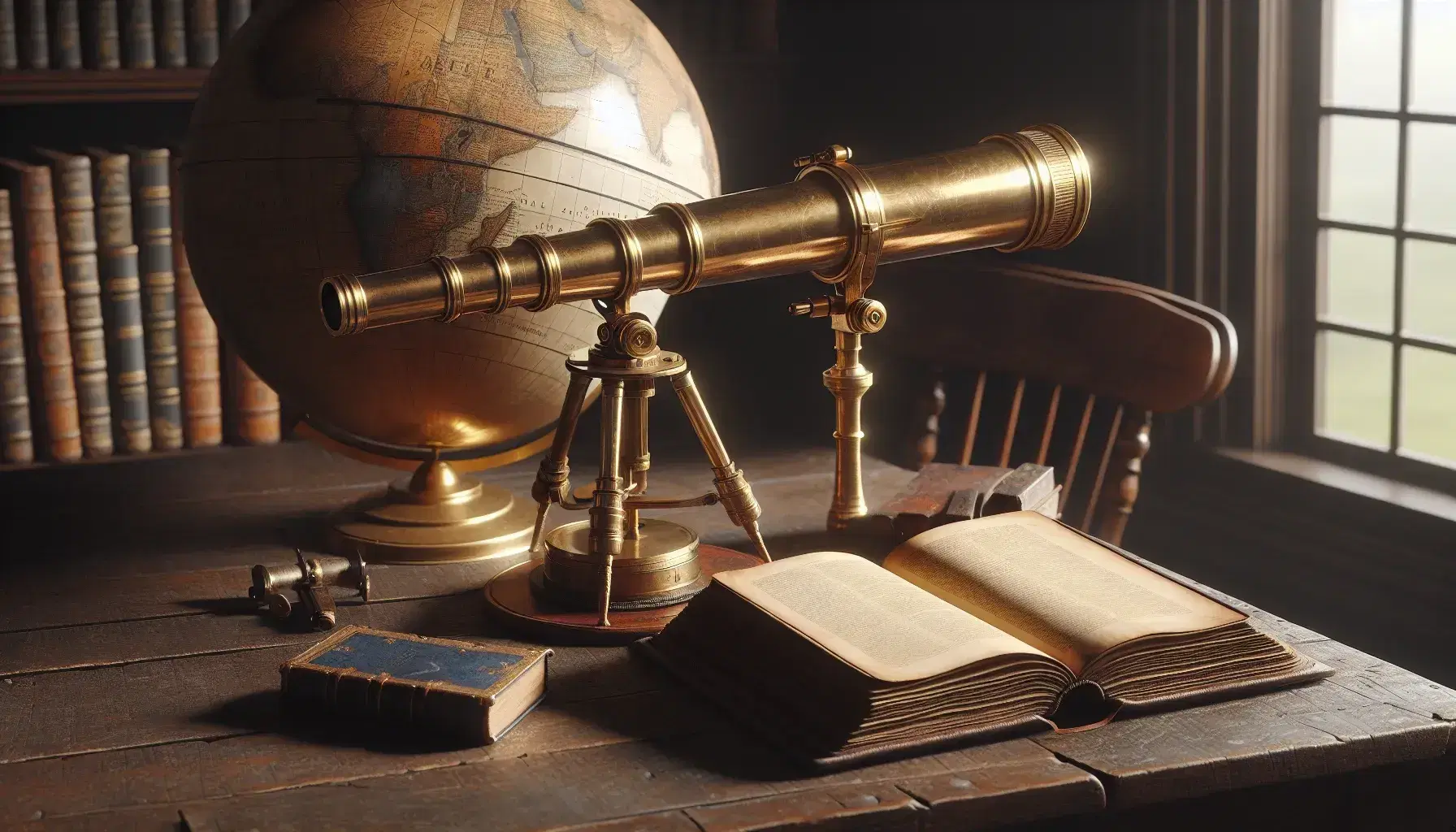 Vintage brass telescope on a wooden table beside an open, leather-bound book and an out-of-focus world globe, in a room with terracotta tiled flooring.
