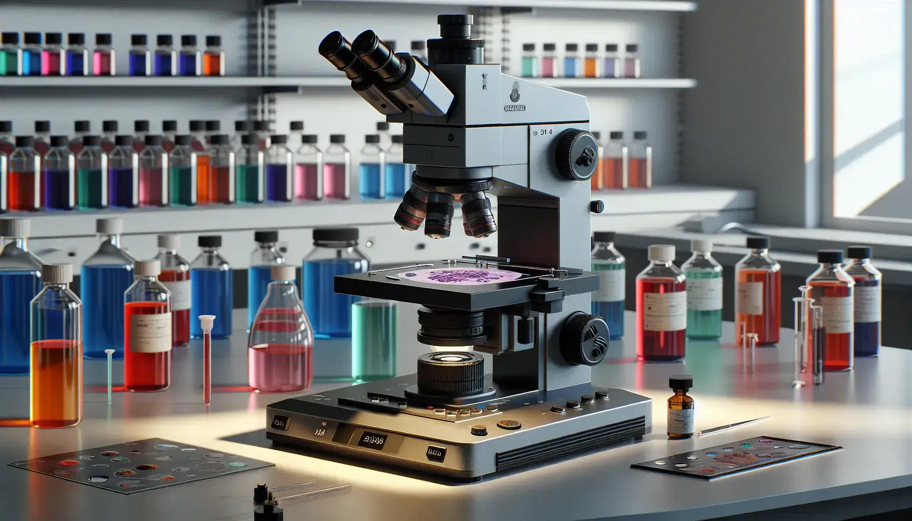 Microscopio elettronico di ultima generazione in laboratorio con campione biologico su vetrino e scaffali con reagenti colorati sullo sfondo.